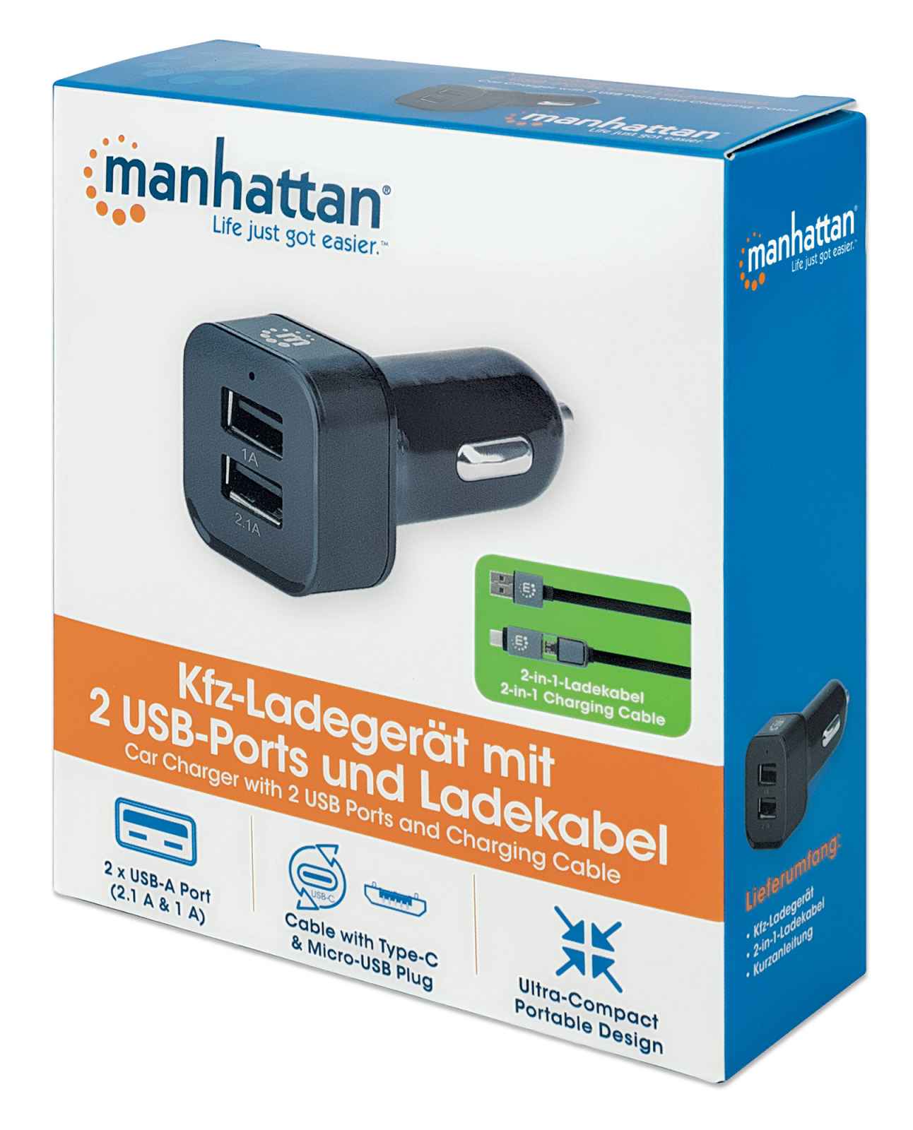 Manhattan Cargador para coche con 2 puertos USB y un cable de carga (102179)